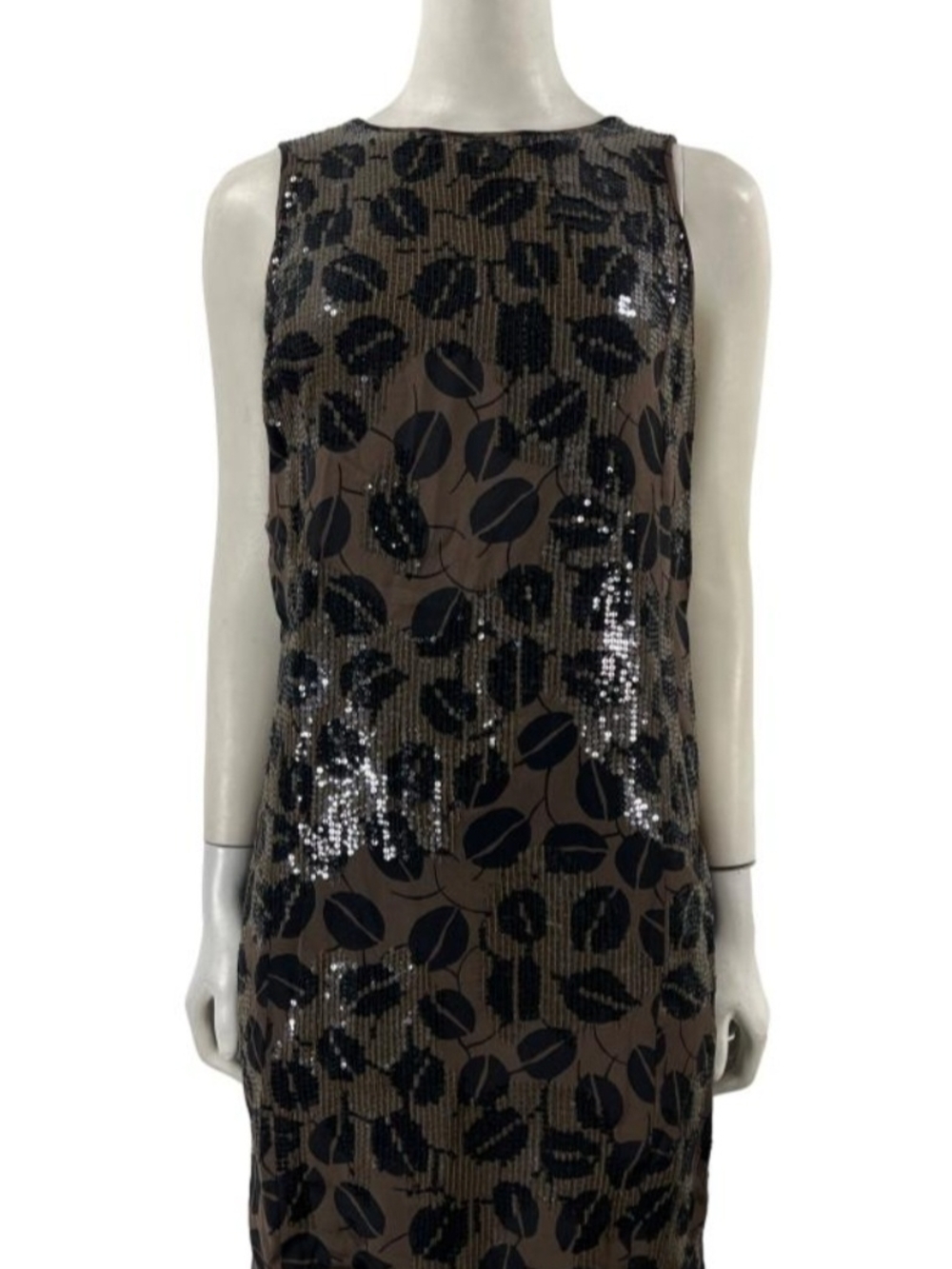 Oscar de la Renta Brown Sleeveless Sequin Leaf-Print Mini Dress